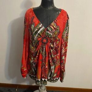 eci York Red Geometric Beaded design long sleeve V-neck tunic, size XXL